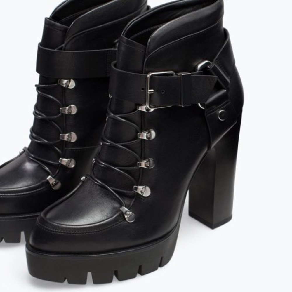 Zara Black Chunky Platform Lace-Up Ankle Boots with Buckle